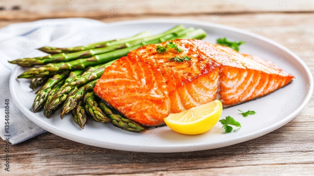A prepared salmon filet served with asparagus and lemon slices A prepared salmon filet served with asparagus and lemon slices