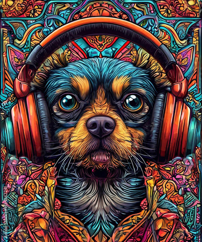 Psychedelic colorful pet with headphones listen to the music. Boho mystery animal.