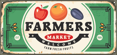 Farmers market retro advertising sign with fresh organic fruits. Food poster. Vector illustration with farm products.