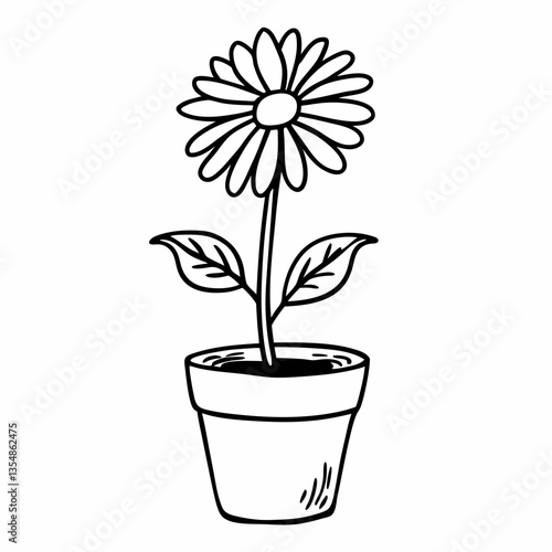 Black and White Doodle Style Daisy in Flower Pot  Illustration