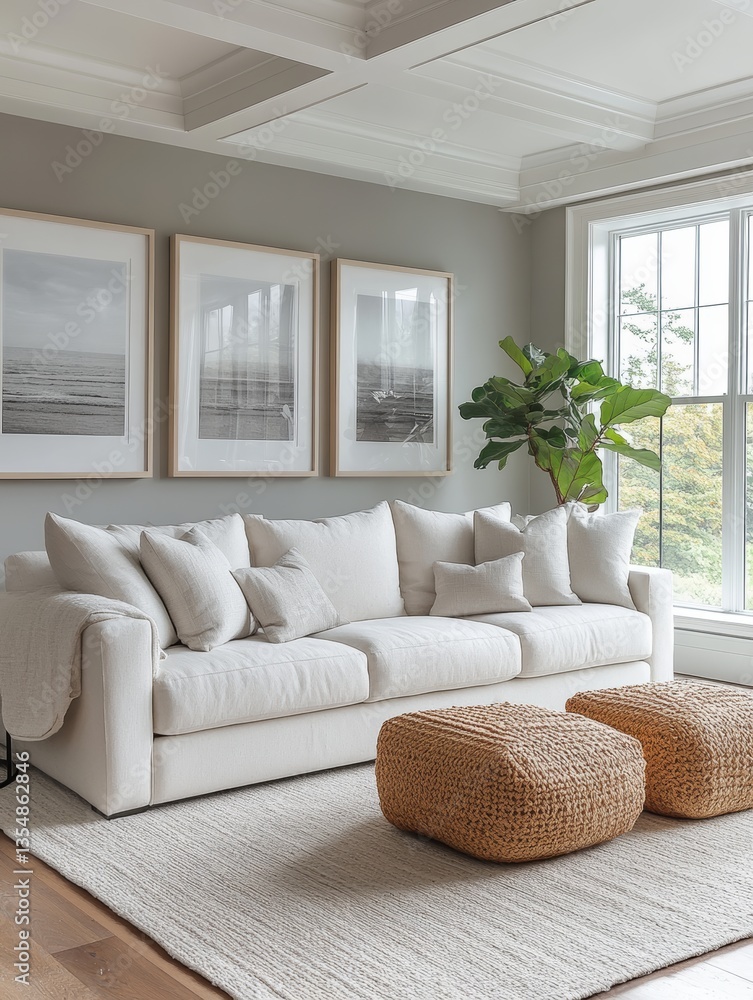 Fototapeta premium Serene Coastal Living Room Interior Design with Cream Sofa and Natural Ottomans
