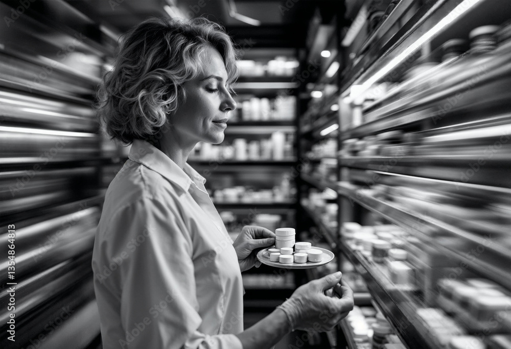 Naklejka premium Beautiful senior female pharmacist checking medications on a shelf