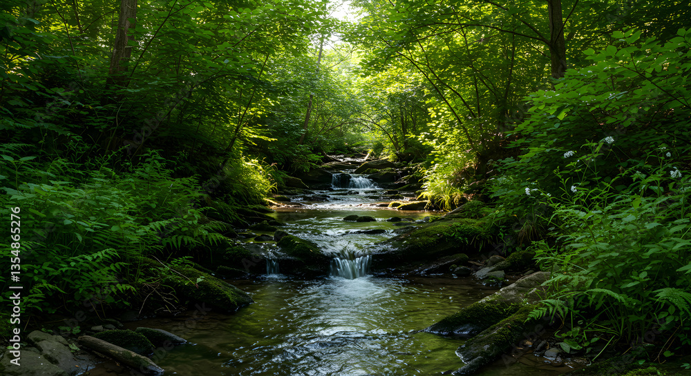 Flowing Stream Through a Lush Green Forest with Sunlight Peeking Through Flowing Stream Through a Lush Green Forest with Sunlight Peeking Through