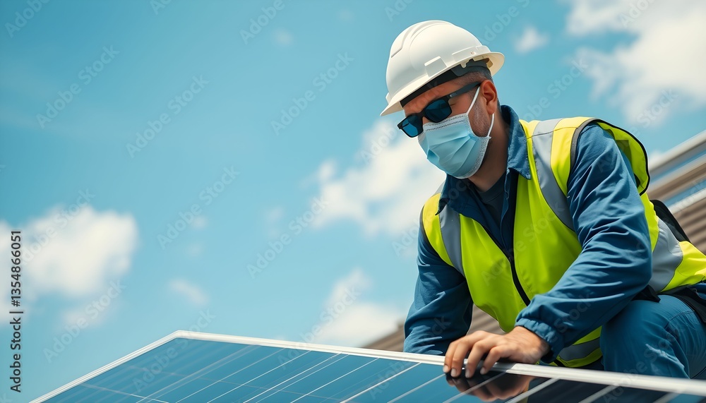 Solar panel installation, construction worker, yellow hard hat, safety vest, bright sunlight, mountain landscape, renewable energy, industrial photography, blue sky Solar panel installation, construction worker, yellow hard hat, safety vest, bright sunlight, mountain landscape, renewable energy, industrial photography, blue sky