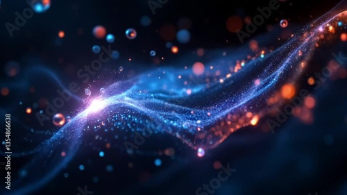 Glowing quantum particles float and collide forming complex dynamic patterns of flowing digital data and energy pulses 