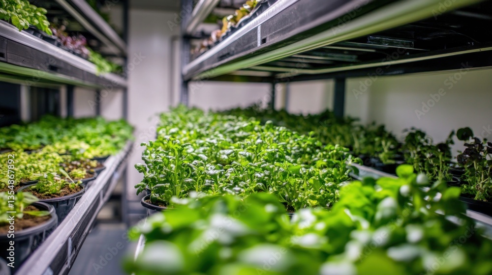 Lush green plants growing on indoor vertical shelf structures Lush green plants growing on indoor vertical shelf structures