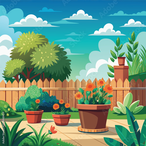 Charming Garden Scene with Potted Flowers and a Wooden Fence