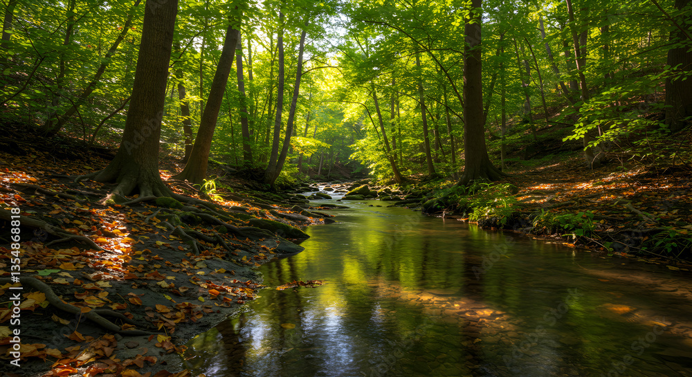 Obraz premium Flowing Stream Through Green Forest with Sunlight and Leaf Litter