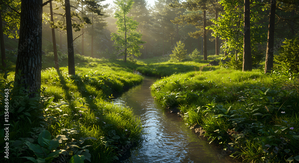 Obraz premium Flowing Stream Through Lush Forest with Sunlight Streaming Through Trees