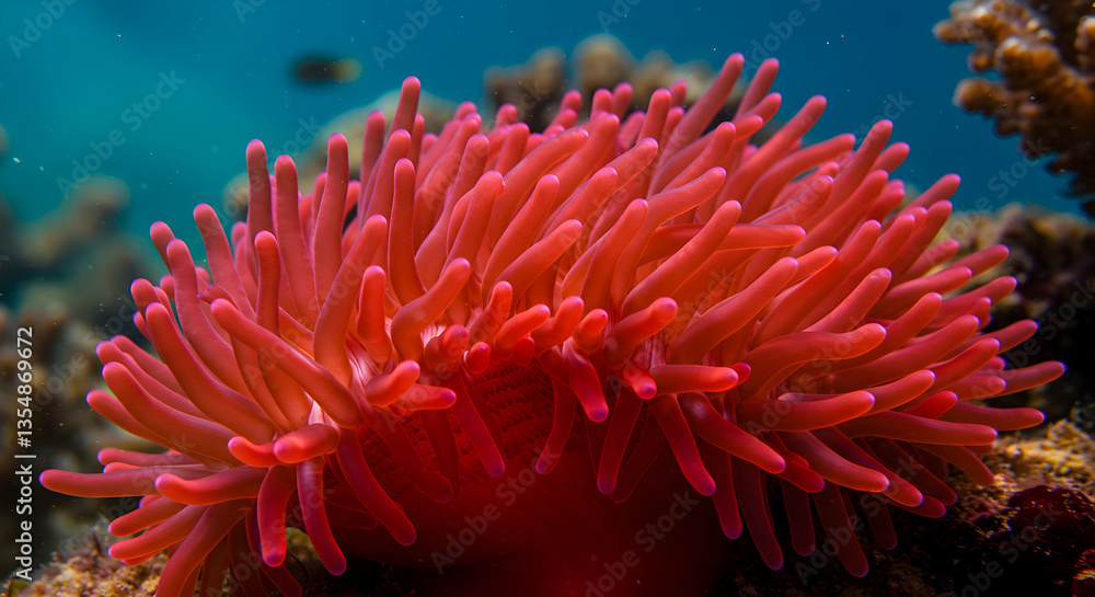 Obraz premium Vibrant Sea Anemone Underwater with Coral Reef Background in Deep Ocean