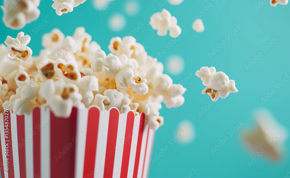 Popcorn popping out of a red and white striped paper container against a blue background.
Popcorn popping out of a red and white striped paper container against a blue background.