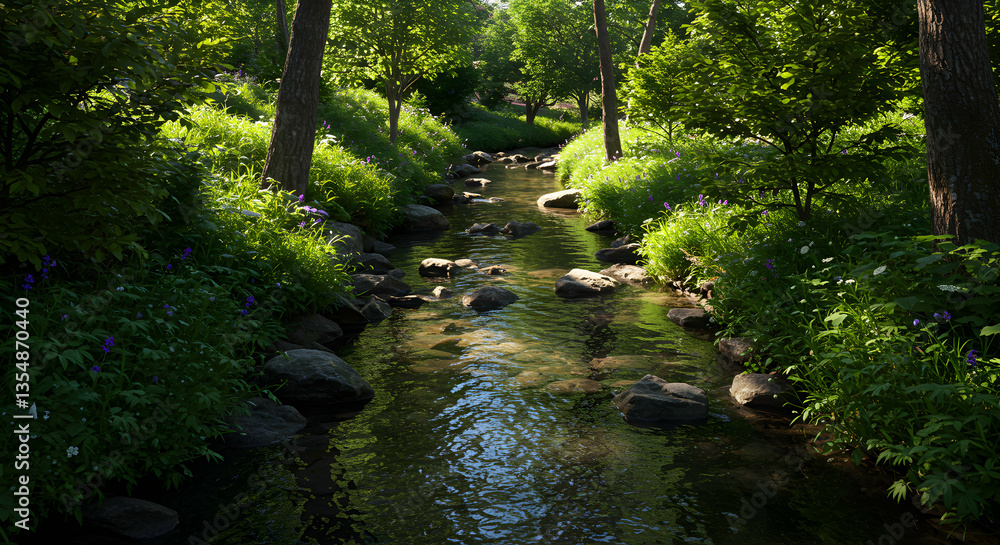Fototapeta premium Flowing Stream Through Lush Green Forest with Sunlight Reflections