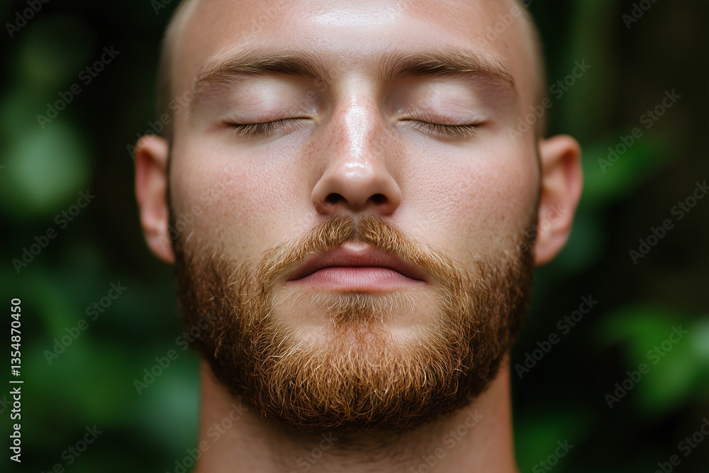 Fototapeta premium Deep breathing exercise with calm man, eyes closed, surrounded by greenery. serene atmosphere promotes relaxation and mindfulness