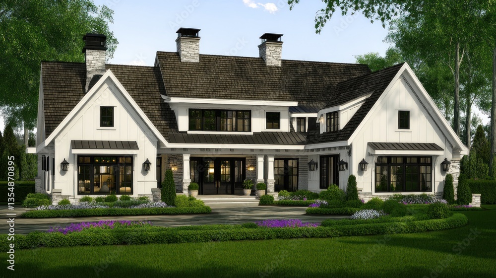 A beautiful modern farmhouse with landscape in a sunny environment A beautiful modern farmhouse with landscape in a sunny environment