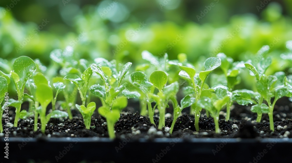 Young Lettuce Seedlings Emerging From Dark Fertile Soil With Water Young Lettuce Seedlings Emerging From Dark Fertile Soil With Water