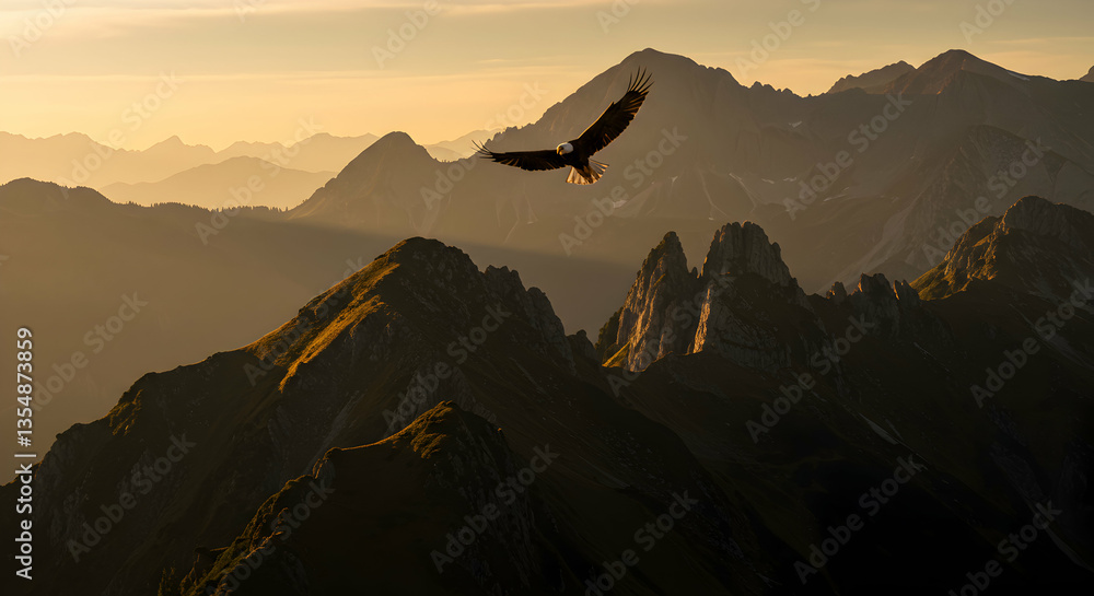 Eagle Soaring Above Mountain Peaks in Golden Light at Sunrise Eagle Soaring Above Mountain Peaks in Golden Light at Sunrise