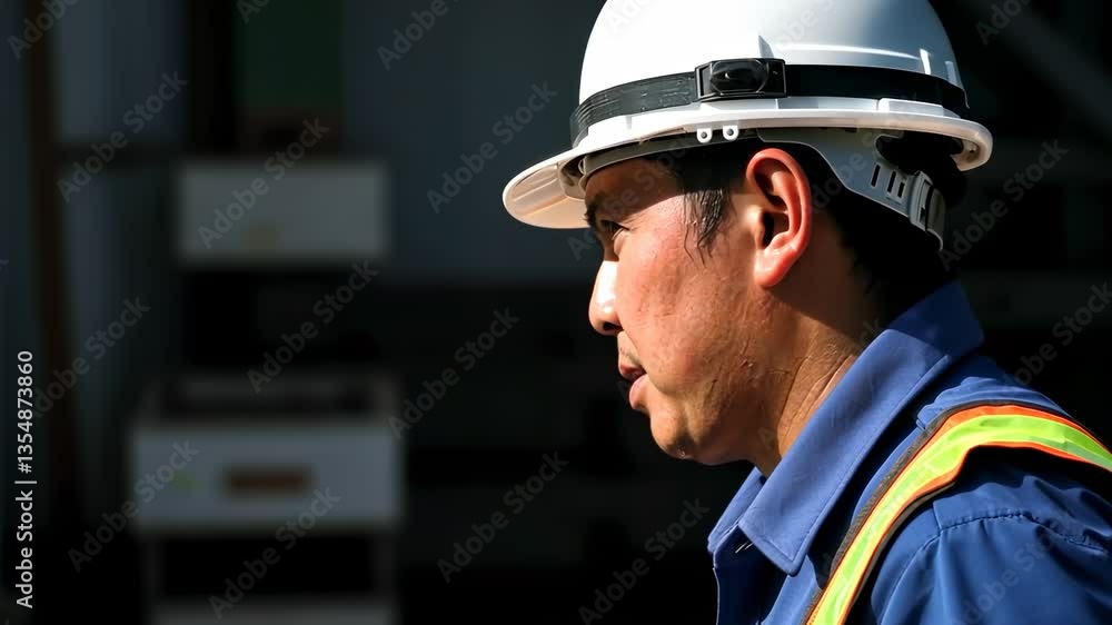 Construction worker walking on site with safety gear in bright daylight Construction worker walking on site with safety gear in bright daylight