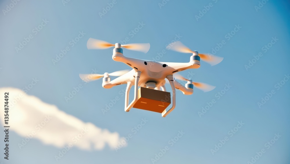 High-Tech Illustration Depicting A Drone Delivering A Package Over A Modern Cityscape, Symbolizing The Future Of Logistics And E-Commerce. High-Tech Illustration Depicting A Drone Delivering A Package Over A Modern Cityscape, Symbolizing The Future Of Logistics And E-Commerce.