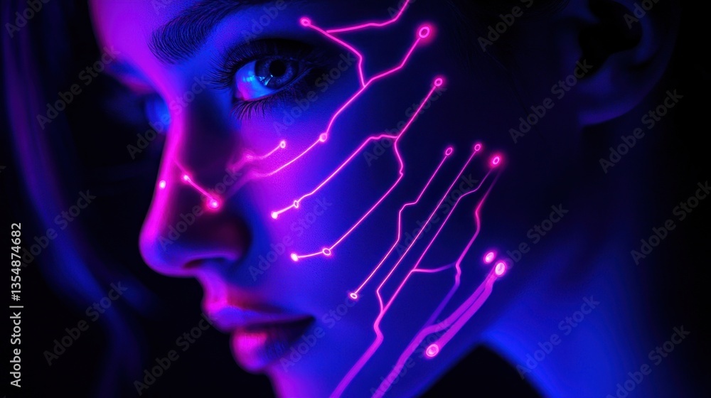 A futuristic portrait shows a woman with circuit board features glowing A futuristic portrait shows a woman with circuit board features glowing