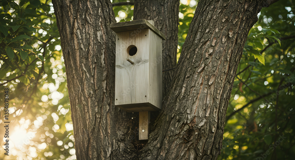 Wooden Birdhouse on Tree Trunk with Green Leaves and Bokeh Wooden Birdhouse on Tree Trunk with Green Leaves and Bokeh