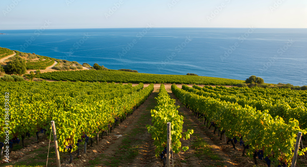 Naklejka premium Vineyard Landscape Overlooking Ocean on Sunny Day for Wine Tourism
