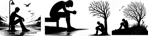 Silhouettes of Sadness in Nature. This image features three black silhouette figures, each sitting in a different natural setting.