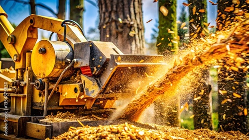 Powerful Wood Chipper in Action – Flying Wood Chips and Tree Stump Removal with High-Speed Machinery