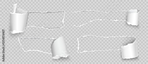 Torn paper with rolled edge. Realistic ripped and folded strips, pieces of notepad with space for text. Paper scraps with curled element. Page with rip and torn holes. Vector set.