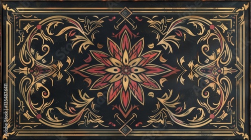 Ornate, symmetrical, floral design, dark background, decorative rug