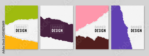 Torn paper posters. Social media post template with ripped edges. Promo, discount and sale color banners in torn paper style, A4 size overlay with 3d shadow effect. Vector set.