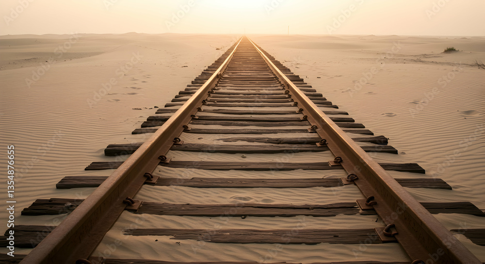 Fototapeta premium Railway Tracks Stretching Through Desert Landscape at Sunset with Warm Light
