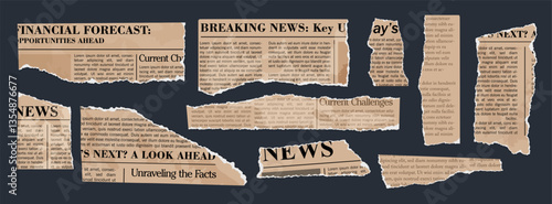 Torn newspaper. Old newspapers clipping set. Vintage paper pieces with jagged edges. Torn paper elements with typography. Ripped scraps for modern scrapbook collage. Vector set.