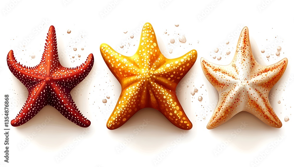 Colorful Starfish Trio on Sandy Surface. Colorful Starfish Trio on Sandy Surface.