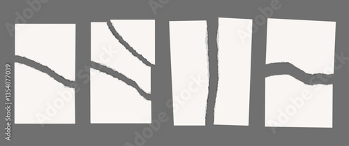 Torn paper sheets. Blank white A4 sheets in half and into pieces with ragged edges. Old paper ripped scraps. Vector isolated templates for scrapbook collages.
