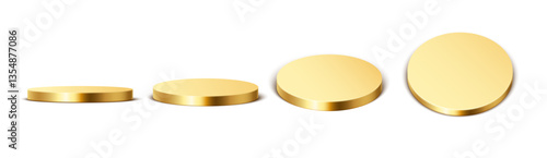 Golden round podium. Gold platform, podium. Round stage for product presentation. Golden winner stand for exhibition in different view angles. 3d metallic cylinder render vector set.