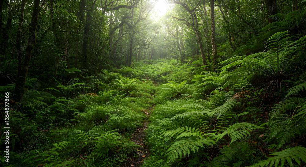 Fototapeta premium Lush Fern Forest Path Leads Into Mystical Green Woods