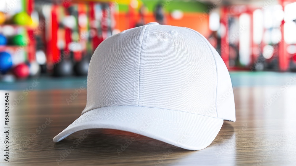 A plain white baseball cap sits on a wooden surface indoors A plain white baseball cap sits on a wooden surface indoors