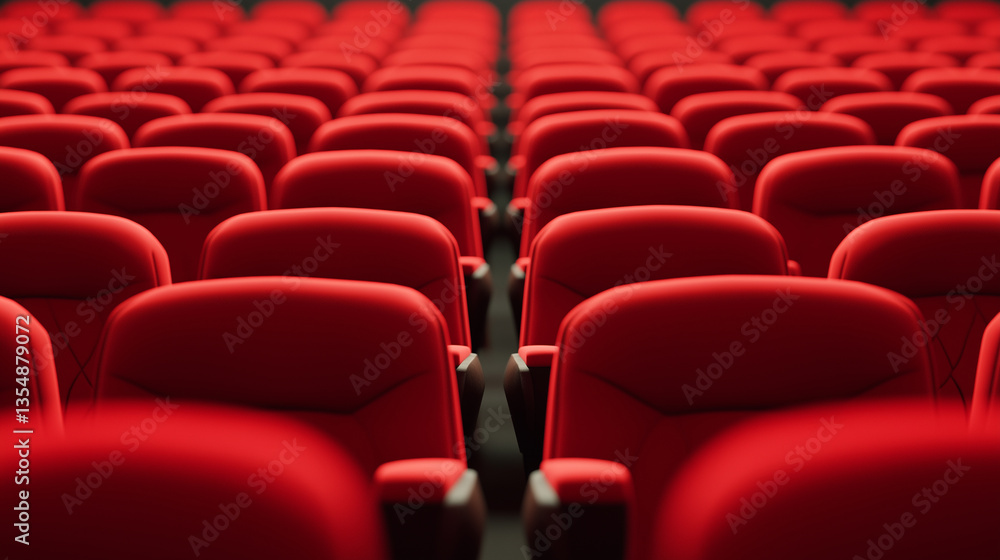Fototapeta premium Rows of red velvet seats in a movie theater, showcasing a cinematic experience with soft focus on the seats.