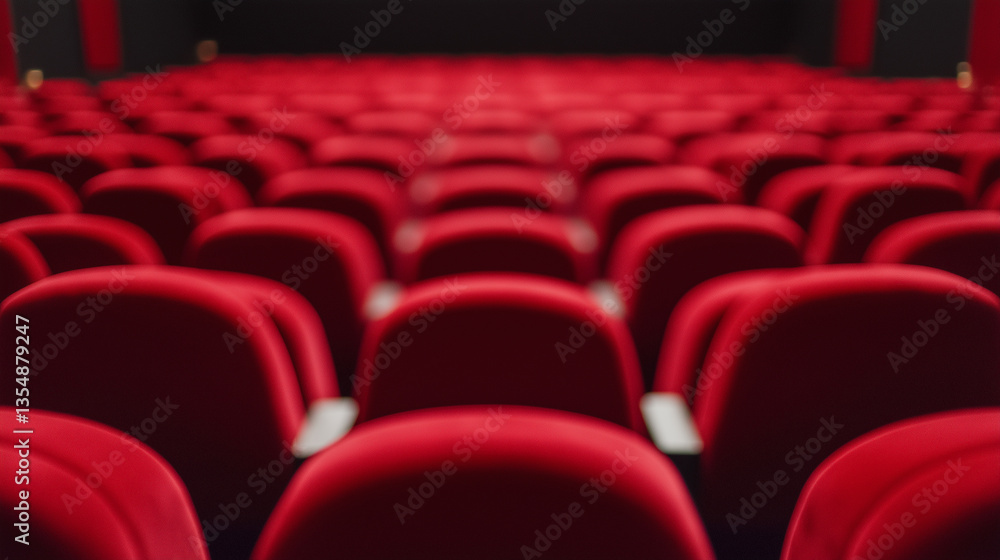 Obraz premium Rows of red velvet seats in a movie theater, showcasing a cinematic experience with soft focus on the seats. 