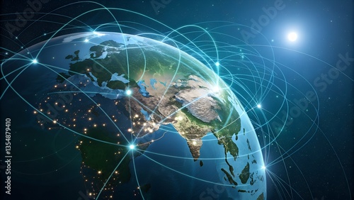 Abstract global network concept with a world map. Futuristic technology. Business tech. Global network planet Earth. Global Communication Network. Abstract world network connection
