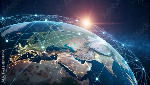 Abstract global network concept with a world map. Futuristic technology. Business tech. Global network planet Earth. Global Communication Network. Abstract world network connection