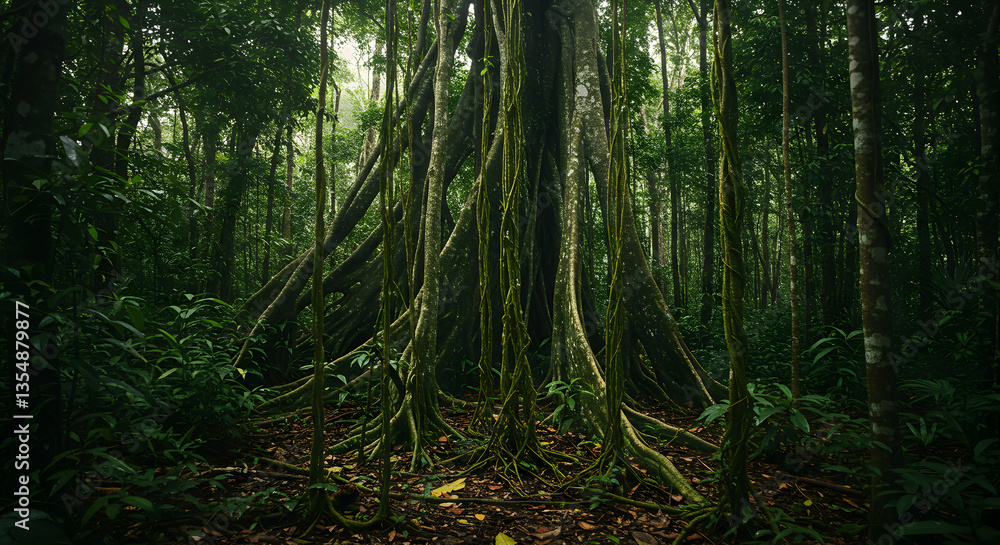 Fototapeta premium Lush Rainforest Scene Featuring a Giant Tree with Hanging Vines