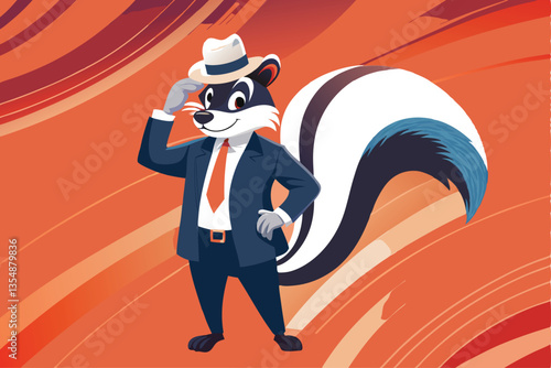 A dapper 1930s cartoon skunk in a pinstripe suit and fedora, holding a top hat, mischievous grin.  Art Deco style.