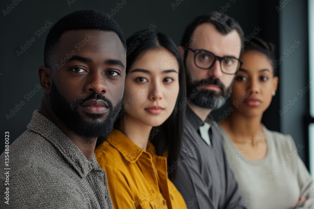 Four multiethnic serious people looking at camera Four multiethnic serious people looking at camera