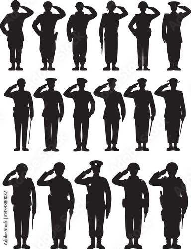 Soldier standing at attention or saluting silhouettes