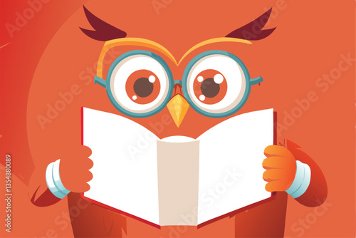 A whimsical 1940s style cartoon owl, perched on a stack of books, engrossed in reading an oversized, antique tome.  Oversized spectacles and a studious expression.