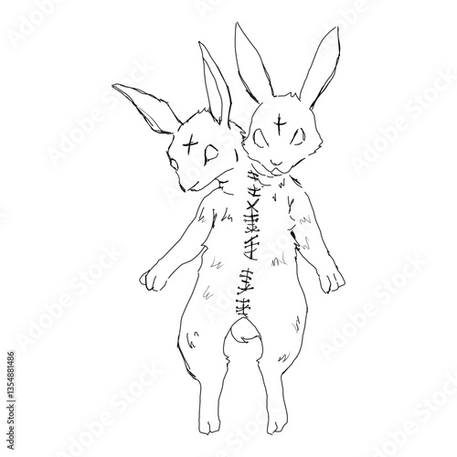 2 sewn bunnies. gothic horror illustration. conceptual idea for tattoo, prints, design. black line drawing. witchcore.
