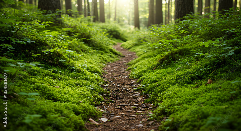 Obraz premium Walking Along Forest Path Through Green Moss and Tall Trees
