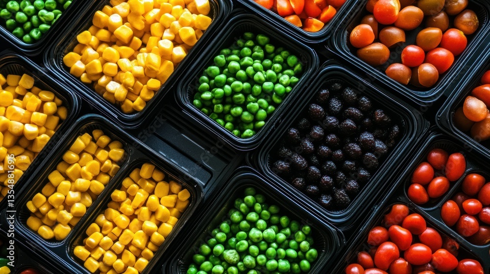 Assorted Fresh Vegetables Arranged Neatly Within Individual Plastic Containers Assorted Fresh Vegetables Arranged Neatly Within Individual Plastic Containers