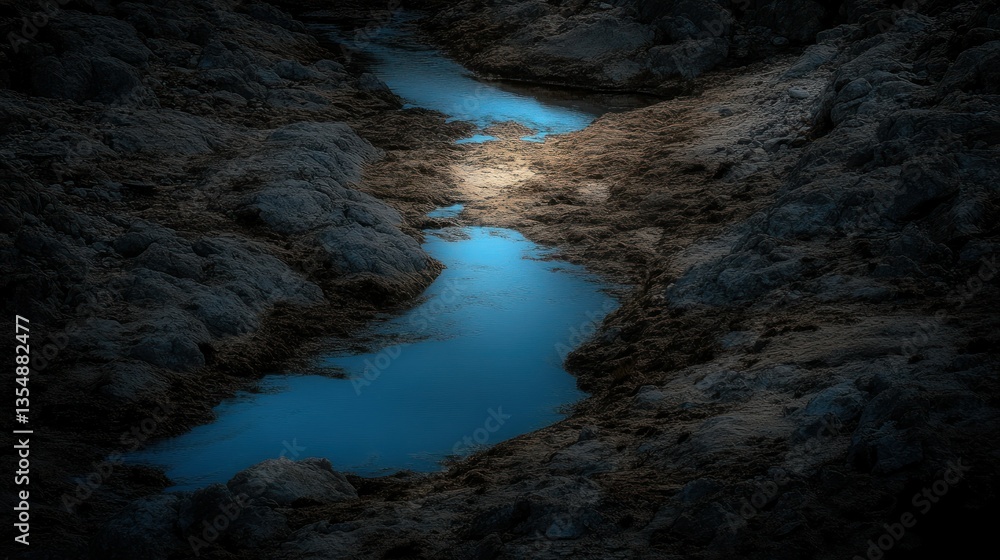 A winding stream of blue water carved through the landscape A winding stream of blue water carved through the landscape